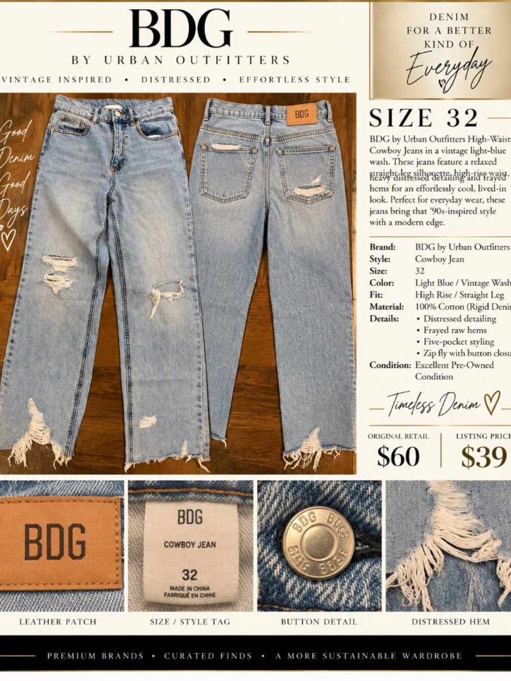 BDG by Urban Outfitters High-Waisted Cowboy Jeans – Size 32